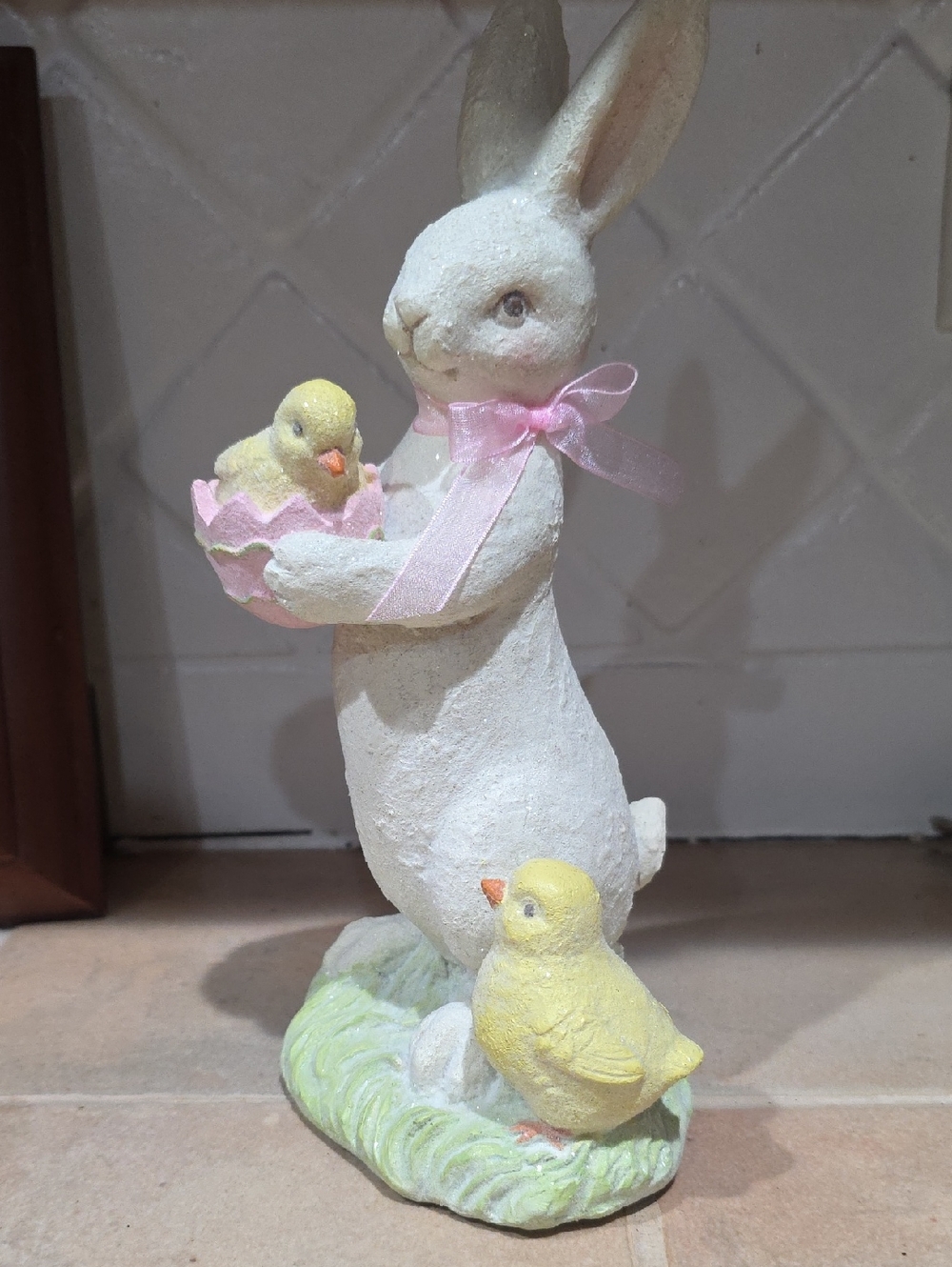 White Bunny Figurine with Pink Ribbon and Yellow Chicks - Spring Home Accent